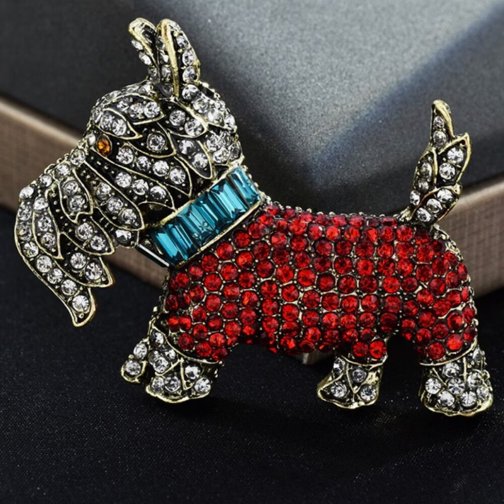 Red Crystal Scottie Dog Brooch with Blue Collar -
